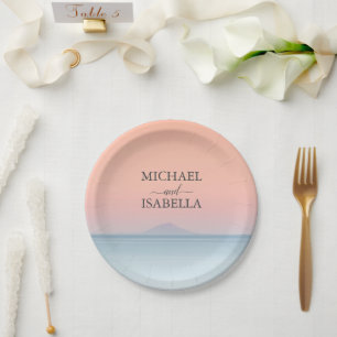 Wedding by the sea under peachy sky sunset paper plate