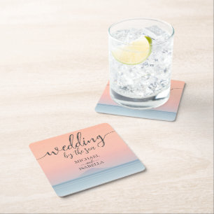 Wedding by the sea under peachy sky sunset square paper coaster