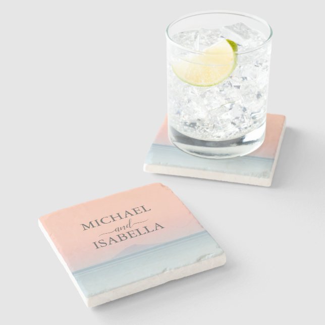 Wedding by the sea under peachy sky sunset stone coaster (Side)