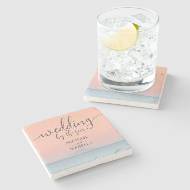 Wedding by the sea under peachy sky sunset stone coaster (Side)