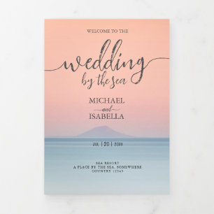 Wedding by the sea under peachy sky sunset Tri-Fold programme