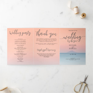 Wedding by the sea under peachy sky sunset Tri-Fold programme
