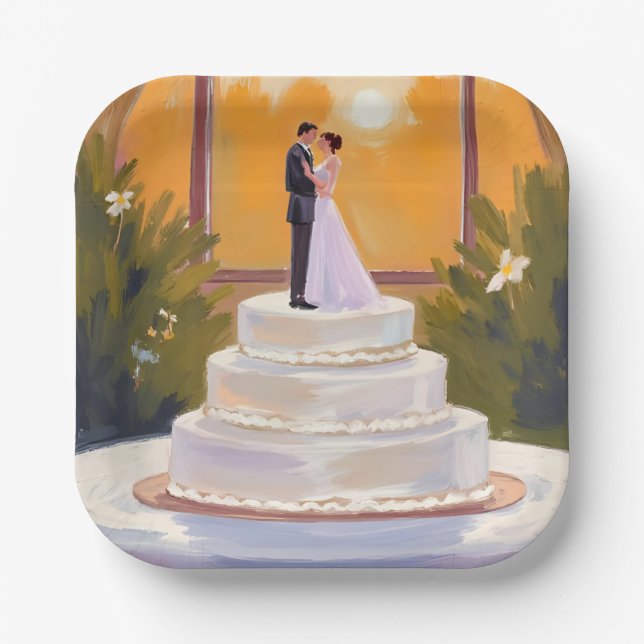 Wedding Cake Bride & Groom Brunette Watercolor Paper Plate (Front)