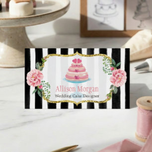 Wedding Cake Design Gold Pink Floral Striped Business Card