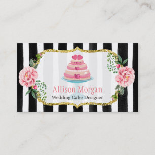 Wedding Cake Design Gold Pink Floral Striped Business Card