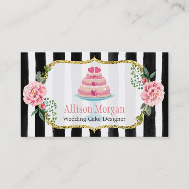 Wedding Cake Design Gold Pink Floral Striped Business Card (Front)