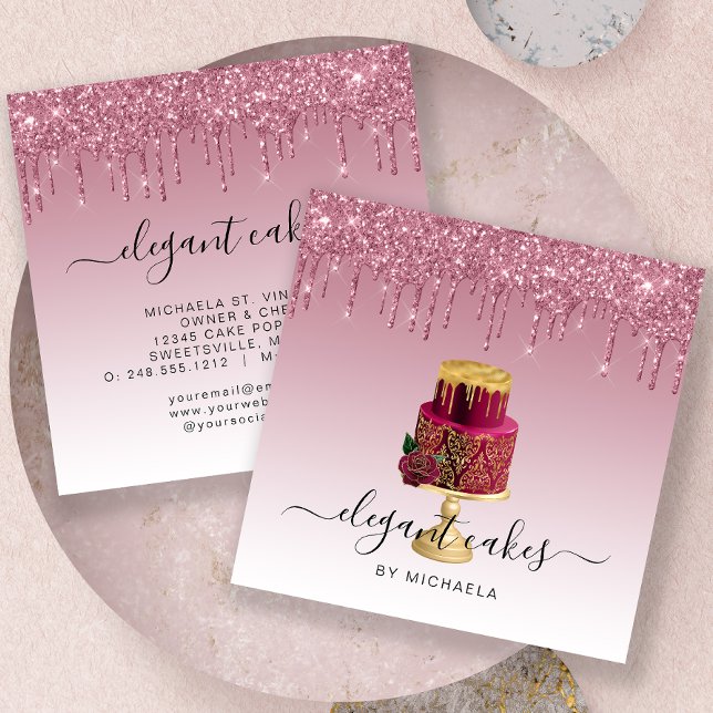 Wedding Cake Glitter Drip Burgundy Bakery Square Business Card (Creator Uploaded)