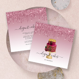 Wedding Cake Glitter Drip Burgundy Bakery Square Business Card