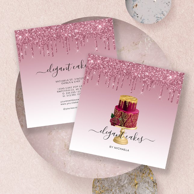 Wedding Cake Glitter Drip Burgundy Bakery Square Business Card (Creator Uploaded)