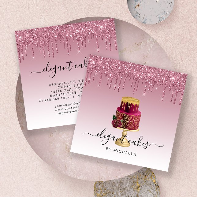 Wedding Cake Glitter Drip Burgundy Bakery Square Business Card (Creator Uploaded)