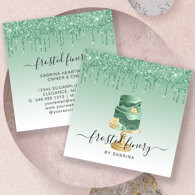 Wedding Cake Glitter Drip Mint Green Bakery Square Business Card (Creator Uploaded)