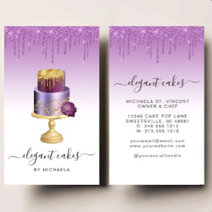 Wedding Cake Glitter Drip Purple Bakery Business Card