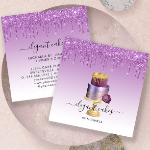 Wedding Cake Glitter Drip Purple Bakery Square Business Card
