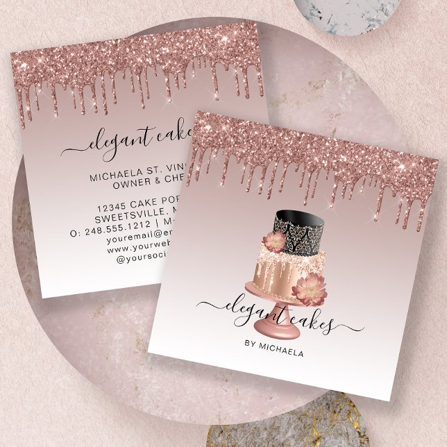 Wedding Cake Glitter Drip Rose Gold Bakery Square Business Card (Creator Uploaded)