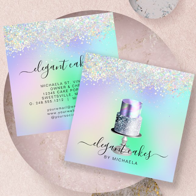Wedding Cake Holographic Glitter Bakery Square Business Card (Creator Uploaded)