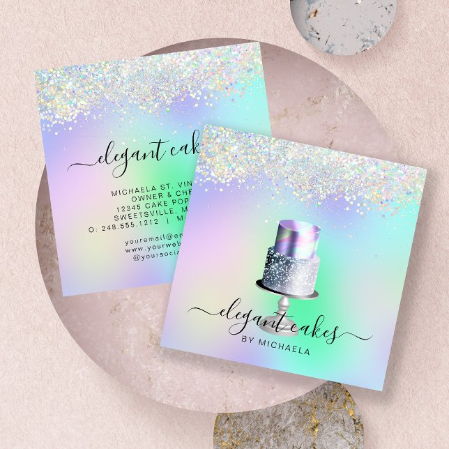 Wedding Cake Holographic Glitter Bakery Square Business Card (Creator Uploaded)