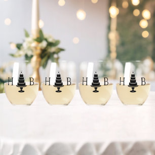Wedding Cake Initials Stemless Wine Glass