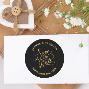 Wedding Calligraphy Black Gold Foil Save the Date Classic Round Sticker