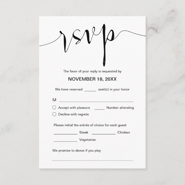 Wedding Calligraphy, Black script, Dinner RSVP Enclosure Card (Front)