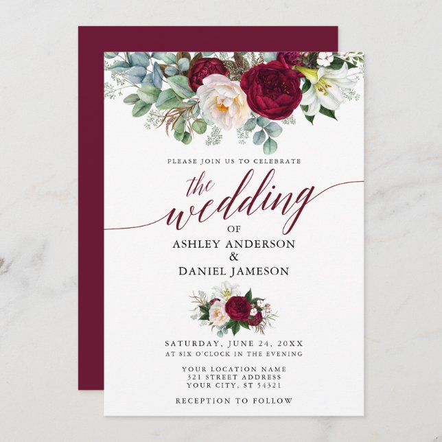 Wedding Calligraphy Burgundy Floral Greenery Invitation (Front/Back)