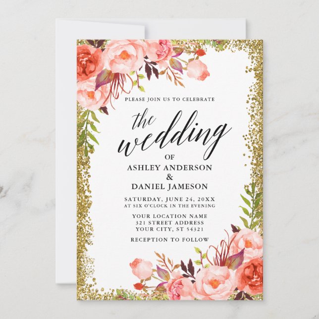 Wedding Calligraphy Coral Floral Gold Glitter Invitation (Front)