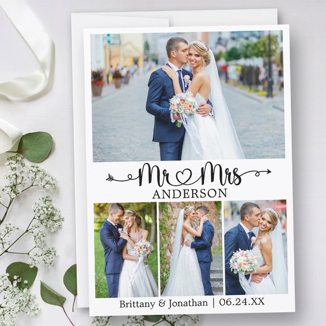 Wedding Calligraphy Heart Mr. and Mrs. 4 Photo Thank You Card (Customize to change your personalized text size or text style.)