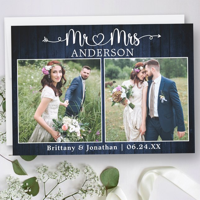 Wedding Calligraphy Heart Mr. Mrs. Blue Wood Thank You Card (Customize to change your personalized text size or text style.)