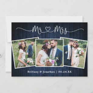Wedding Calligraphy Heart Mr. Mrs. Wood 3 Photo Thank You Card