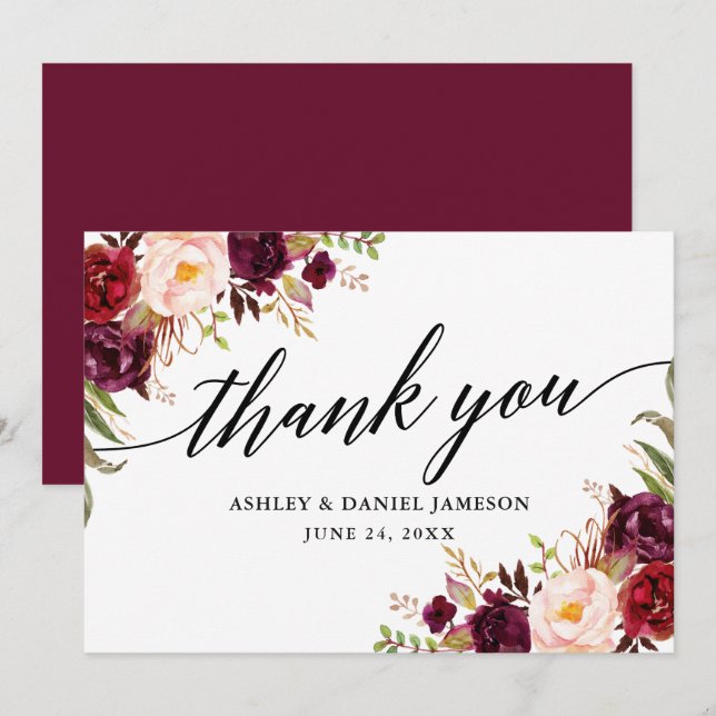 Wedding Calligraphy l Burgundy Floral Thank You Card (Front/Back)