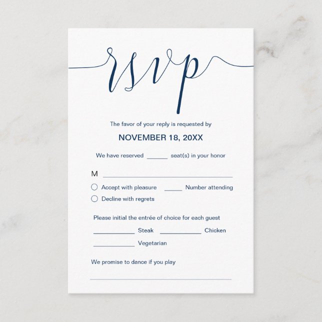 Wedding Calligraphy, Navy Blue script, Dinner RSVP Enclosure Card (Front)
