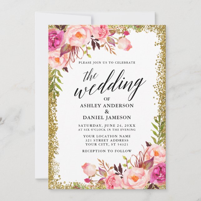 Wedding Calligraphy Pink Floral Gold Glitter Invitation (Front)