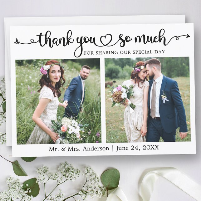 Wedding Calligraphy Script Heart 2 Photo Thank You Card (Customize to change your personalized text size or text style.)