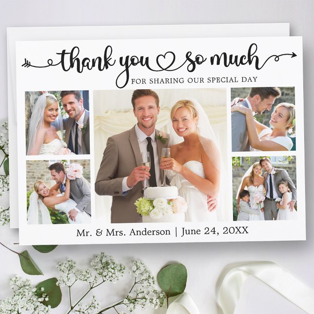Wedding Calligraphy Script Heart 5 Photo Thank You Card (Customize to change your personalized text size or text style.)