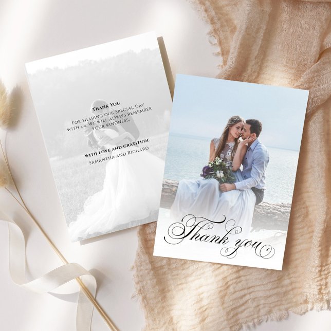 Wedding Calligraphy Script Photo Elegant Thank You Card (Elegant calligraphy script wedding thank you card with a 2-photo template. )