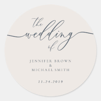 Wedding Calligraphy Simple Navy Beige Occasionally Classic Round Sticker