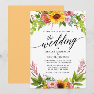 Wedding Calligraphy Sunflower Boho Floral Invitation