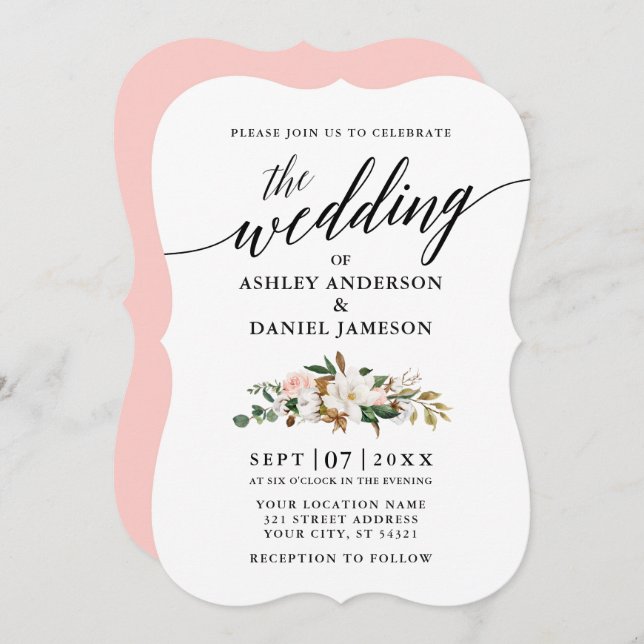 Wedding Calligraphy Watercolor Magnolias Roses Invitation (Front/Back)