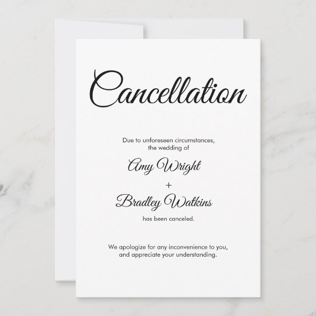 Wedding Cancellation Announcement Elegant Card (Front)