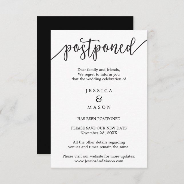 Wedding Cancellation Postponed Change the Date Invitation (Front/Back)