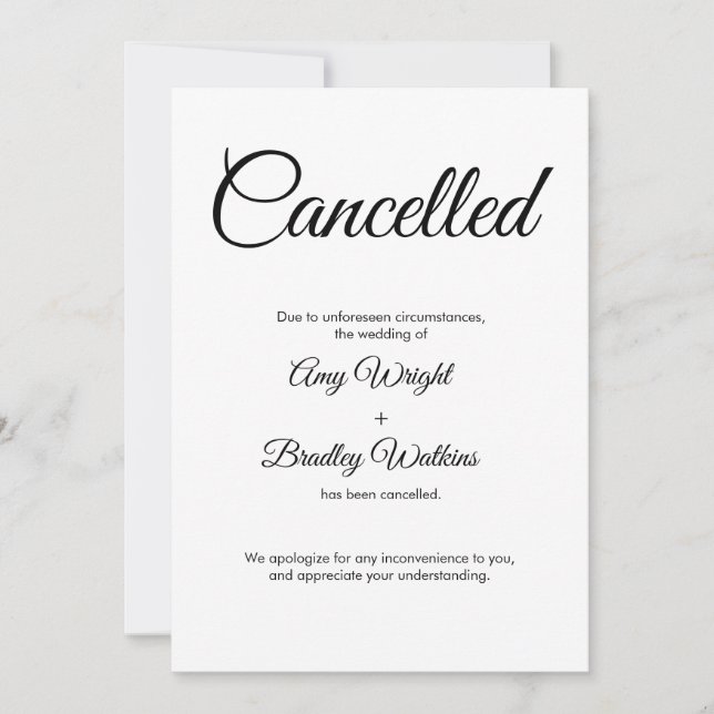 Wedding Cancelled Announcement Elegant Card (Front)