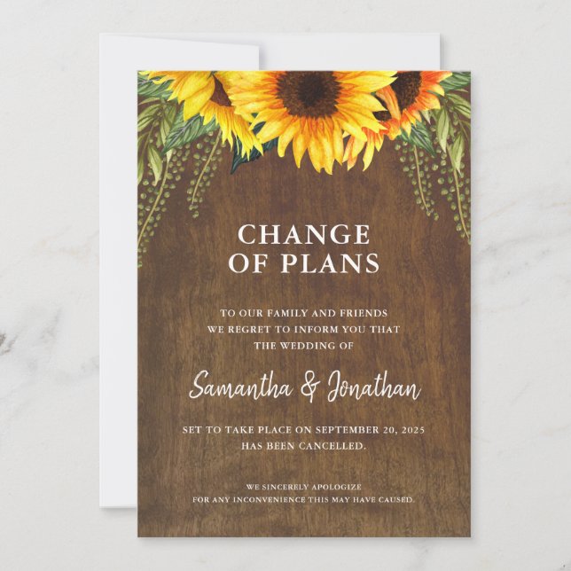 Wedding Cancelled or Postponed Rustic Sunflower Announcement (Front)