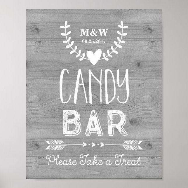 Wedding Candy Bar Sign Wood Hearts Arrows (Front)