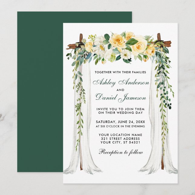Wedding Canopy Arch Watercolor Yellow Floral Green Invitation (Front/Back)