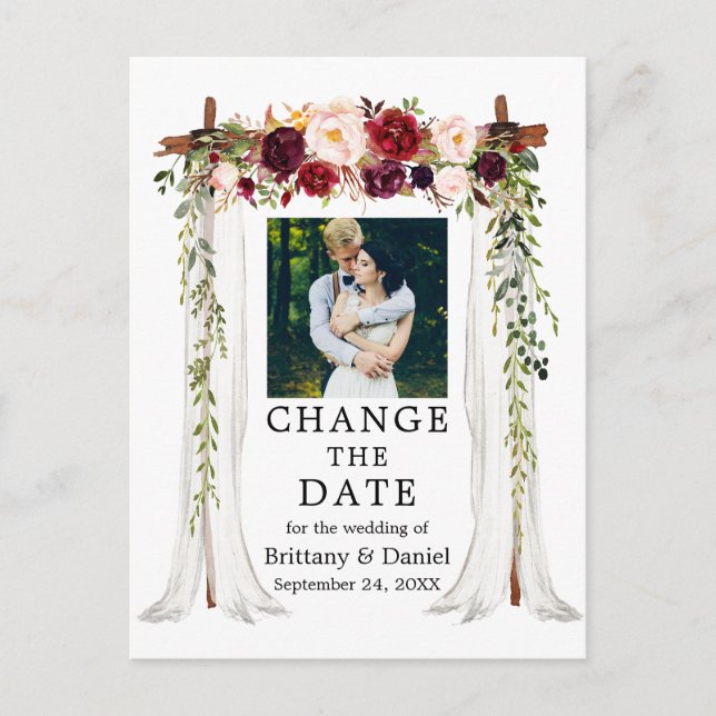 Wedding Canopy Burgundy Floral Change The Date Postcard (Front)
