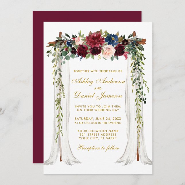Wedding Canopy Gold Watercolor Floral Arch Invitation (Front/Back)