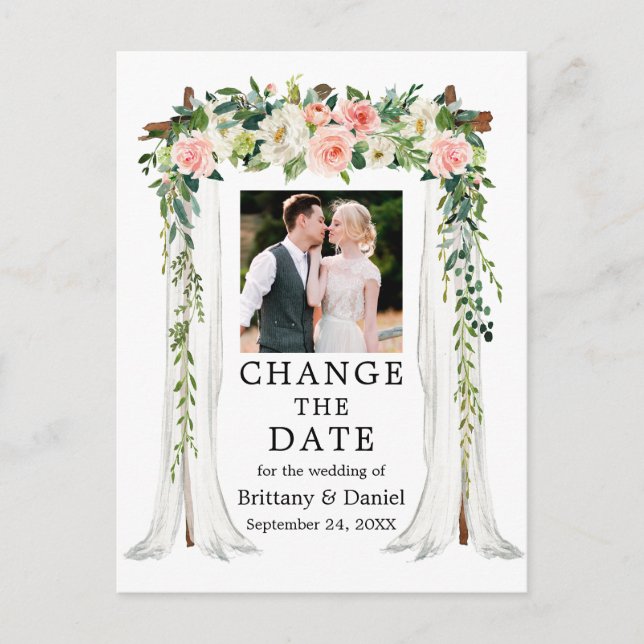 Wedding Canopy Pink White Floral Change The Date Postcard (Front)