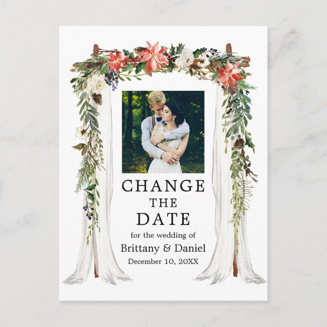 Wedding Canopy Poinsettia Floral Change The Date Postcard (Front)