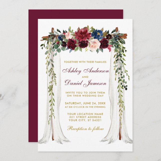 Wedding Canopy Watercolor Floral Arch Gold Invitation (Front/Back)