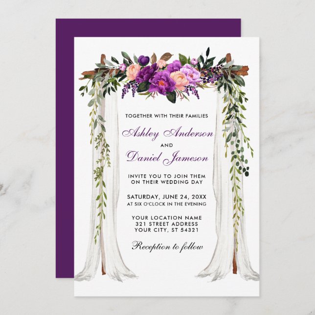 Wedding Canopy Watercolor Purple Floral Invitation (Front/Back)