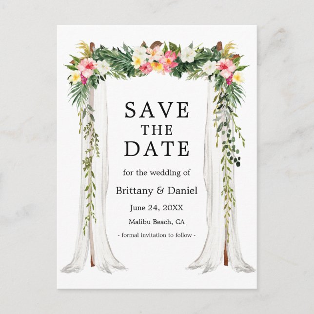 Wedding Canopy Watercolor Tropical Floral Photo Announcement Postcard (Front)